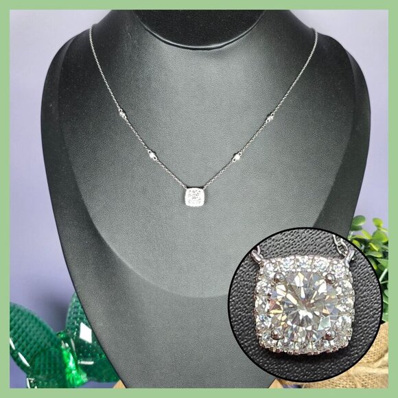 Round Cut Moissanite in Square Halo of CZ in Sterling Silver - Picture 1 of 9